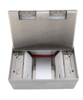 Slick Access Recessed Floor Electrical Outlet Kit Featuring Dead Simple Spring Loaded Lid And Flat Concealed Duplex Receptacle For Top Shelf Tile And Marble Floors, with stainless steel cover open.
