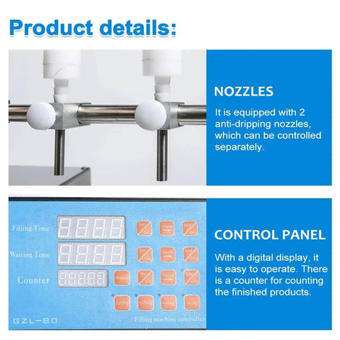 Double Head Digital Liquid Filler With Twin Nozzles Pro Grade 3-4000ml Per Head Automatic Counting Control Panel View