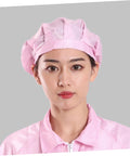 Solid 4 Pack Fresh Pink Anti Static Workshop Hats Hella Breathable Mesh Caps Dustproof Cleanroom Cover on model.