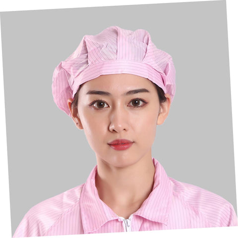 Solid 4 Pack Fresh Pink Anti Static Workshop Hats Hella Breathable Mesh Caps Dustproof Cleanroom Cover on model.