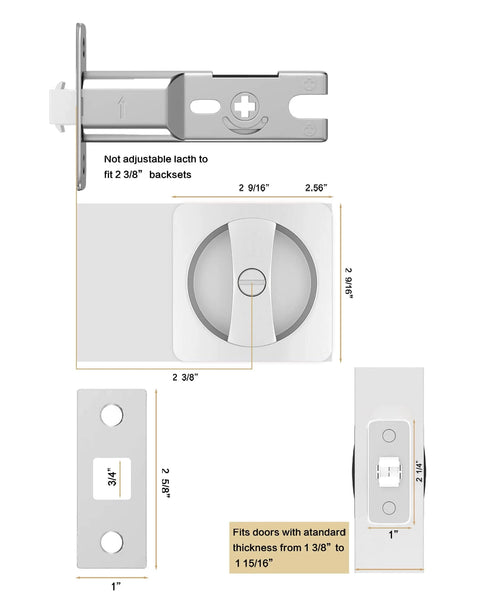 Brushed Nickel Pocket Door Lock And Latch, Contemporary Privacy Lock For Bathroom And Bedroom, fits 1 3/8 to 1 15/16 inch doors, backset 2 3/8.