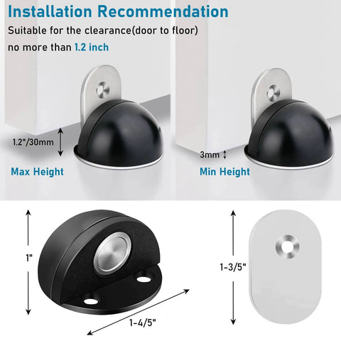 Diagram showing Magnetic Door Stop No Drill Self Adhesive Floor Door Stopper Stainless Steel Black 4 Pack installation dimensions.