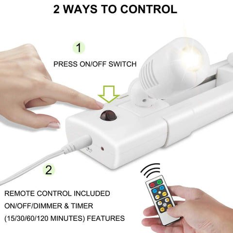 Dimmable LED Track Light Kit With Rotatable Heads, Plug In Spotlight For Kitchen Cabinets Sink Bathroom Gallery And Artwork, Remote Controlled Three Head Super Bright 500 Lumens 3000K Warm White, Includes Timer Function, showing two control methods with remote and button.