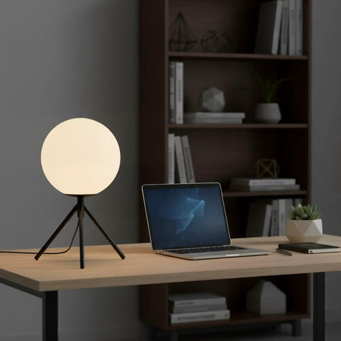 Modern Black Globe Table Lamp With Opal Glass Ball On A Metal Tripod Base Mid Century Inspired Bedside Lamp on desk near laptop