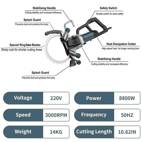 Image of Heavy Duty Electric Concrete Saw With Brushless Motor And Wall Chaser Ring Cutter For Granite Stone Slotting 8800 Watt features and specifications.