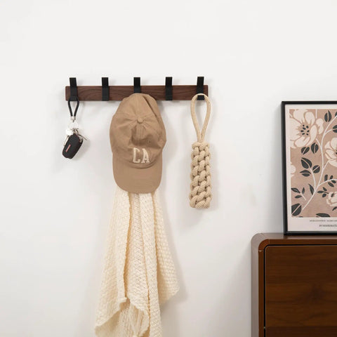 Wall Mount Coat Rack With Five Hooks 16.9 Inch Walnut Wood And Aluminum Built To Last Rustproof Coat Hanger Angled 45 Degree Design