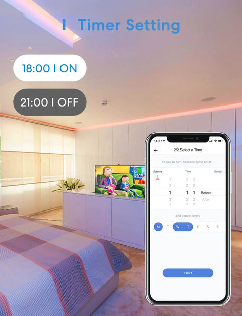 WiFi RGB LED Strip Lights 32.8ft With HomeKit Siri Alexa Google SmartThings Timer Setting in Bedroom with App Control Displayed