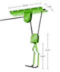 Two Pack Overhead Bike Hangers With Pulley System For Ceiling Garage Storage 100lb Capacity Each Great For Hanging Bicycles Ladders Or Tools In Your Shed Or Basement; green pulley system with dimensions