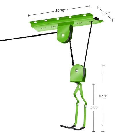 Two Pack Overhead Bike Hangers With Pulley System For Ceiling Garage Storage 100lb Capacity Each Great For Hanging Bicycles Ladders Or Tools In Your Shed Or Basement; green pulley system with dimensions