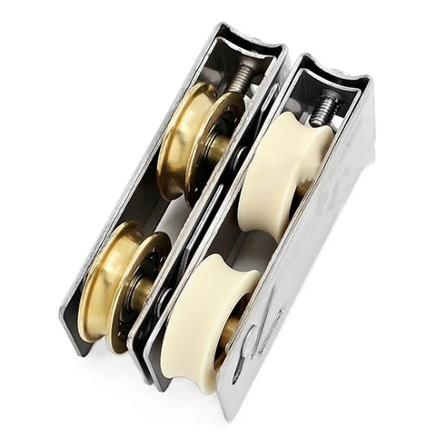 Top Tier Stainless Steel Double Wheel Sliding Door Pulley featuring heavy duty bearing rollers and dual wheel design.