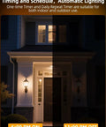 Front door with automatic lighting showcasing Color Changing LED E12 Candelabra Bulbs With Remote Plug In 120V RGB Plus 2700K Warm White 40W Equiv 450 Lumens 270 Degree Beam Timer 2 Modes For Chandelier Ceiling Fans 12 Pack in action from dusk to evening.