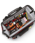Top view of Beefy 18 Inch Red Water Resistant Rolling Tool Tote With Telescoping Handle showing organized tools inside