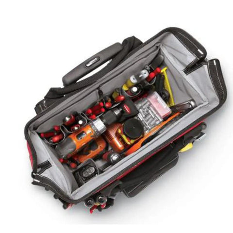 Top view of Beefy 18 Inch Red Water Resistant Rolling Tool Tote With Telescoping Handle showing organized tools inside