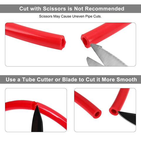 Cutting techniques for 25 Foot Beer CO2 Gas Line Kit For Homebrew And Kegerator, Five Sixteenth Inch Red CO2 Tubing with blade.