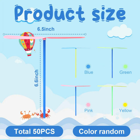Flying Helicopter Toys Set With 50 Propellers And 50 Rods, size chart with blue, green, pink, yellow propellers, safe plastic fun