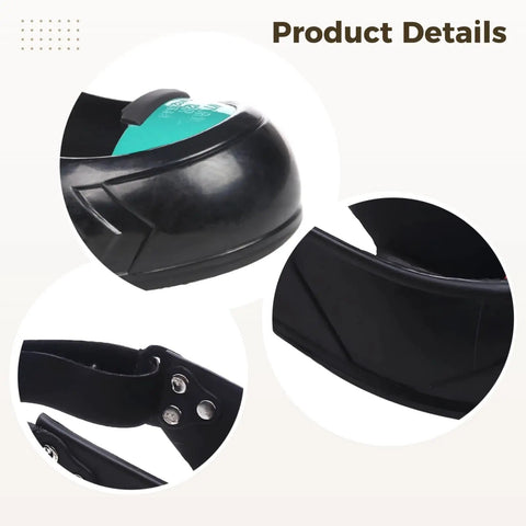 Close-up of Industrial Steel Toe Overshoes providing badass rock solid protection, featuring black rubber cap toe and adjustable strap.