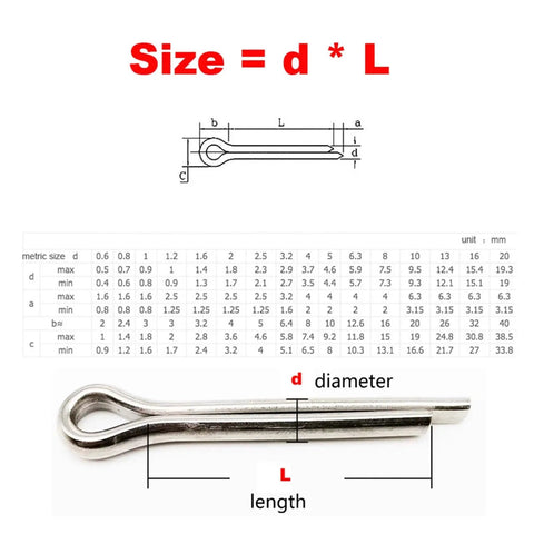Durable 304 Stainless Steel U Shape Cotter Pins That Grip Tight And Won't Rust, detailed size guide with length and diameter dimensions.
