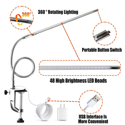 Clip On Desk Light With USB 8W LED For Nail Art And Manicure, showing gooseneck, 360-degree rotation, USB plug, and LED beads.