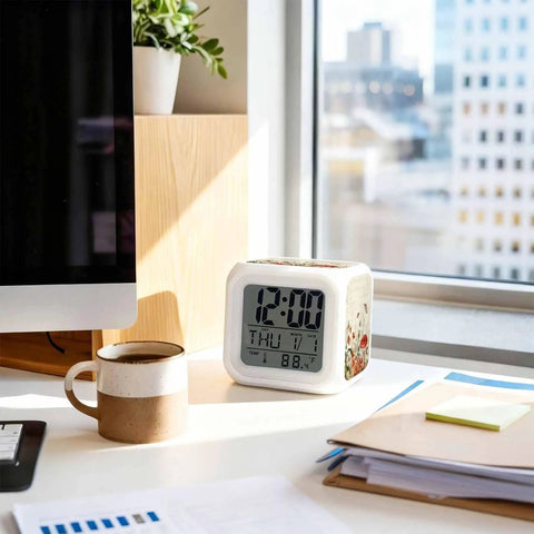Legit Silent Mushroom Print Cube Led Clock with Major Vintage Vibes on desk displaying time, date, and temperature in a bright workspace.