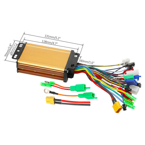 Brushless hub motor kit with 6.5-inch wheel, gold aluminum housing and multi-color wiring harness.