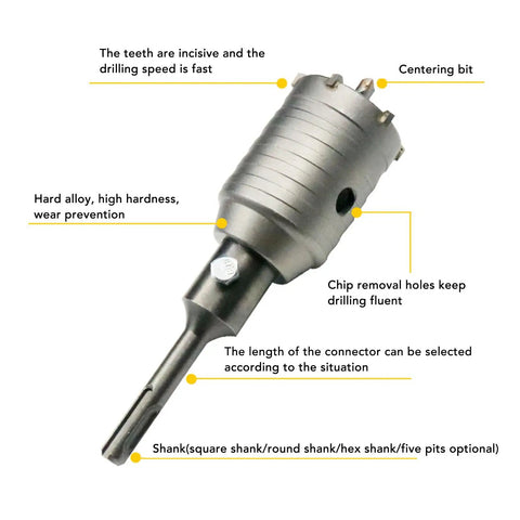 Ycauty Tungsten Steel Concrete Hole Saw Kit For HVAC And Water Pipes 30mm To 65mm Drilling Heavy Duty Tool For Red Brick Stone And Sun Dried Mud Walls With Fast Chip Removal Efficiency, center bit and shank