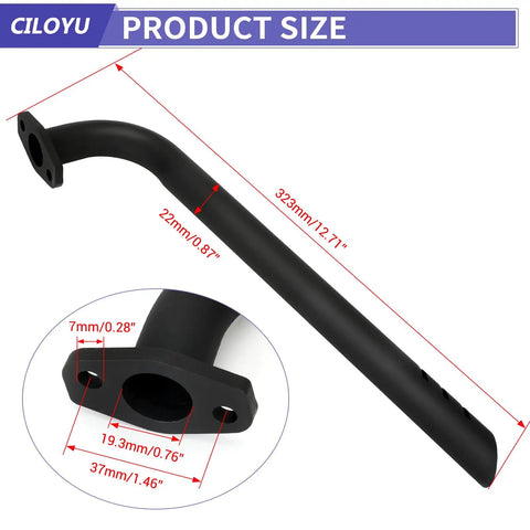 Image showing dimensions of Mini Bike Exhaust Header Pipe Kit Drop In For Motovox MBX10 MBX11 MBX12 Monster Mega Moto MMB80 MMB105 Coleman RB100 RT100 And Lifan 79cc 105cc Engines Fits Chinese Lifan 1523 And Similar Mini Bike Applications; 323mm length, 22mm diameter.