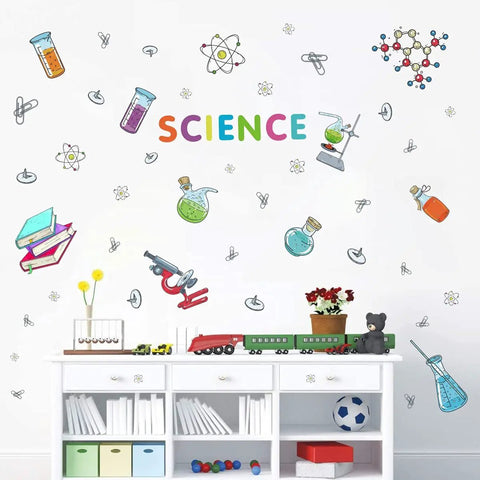 Colorful Science Lab Wall Decals for Classroom and Nursery, featuring realistic test tubes and microscope, on child’s room wall.