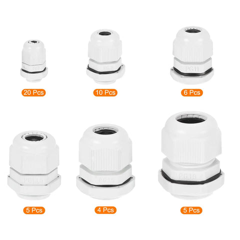 All In One Cable Gland Kit 50 Pcs Adjustable Waterproof Conduit Fittings PG7 PG9 PG11 PG13.5 PG16 PG19 sizes displayed