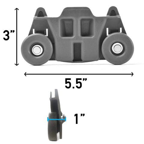 Four Pack Upgraded Lower Dishwasher Wheel Replacement Set with Carbon Steel Screws, 3x5.5x1 inch size.
