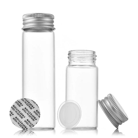 30ml Clear Glass Vials With Secure Aluminum Screw Caps Including Gaskets Set of 30 Airtight Leakproof Spice Bottles, clear with caps.