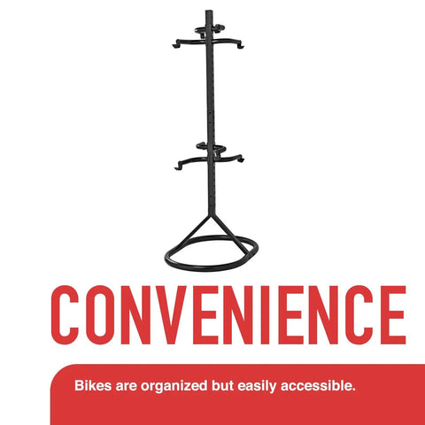 Freestanding 4 Bike Rack With Adjustable Arms, Durable Vinyl Coated Steel floor stand, shown with arms extended.