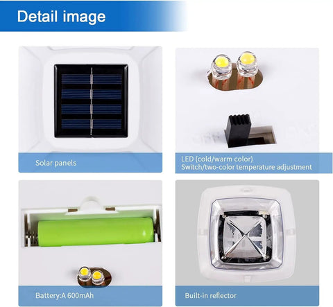 Detail view of Solar Post Lights For 4x4 Posts Waterproof Deck And Fence Post Cap Lights Solar Powered Dual Warm White And Cool White Modes Easy Install 4 Pack For Wood PVC Or Vinyl Posts showing solar panel, LED, battery, and reflector components.