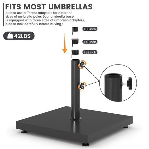 Outdoor Umbrella Base 42Lbs With Stainless Steel Tube, features adapter sizes and square metal stand with corrosion-resistant finish.