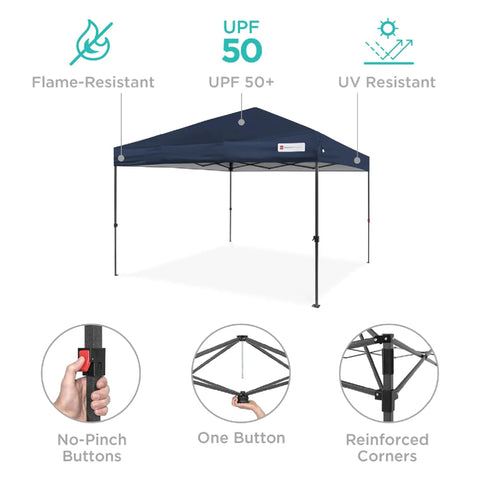 10x10 Foot Pop Up Canopy Tent With Grab-And-Go Quick One Person Setup In Under A Minute, UV resistant, navy blue canopy.