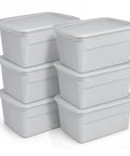 Six Pack Heavy Duty 30 Gallon Plastic Storage Containers With Secure Lids Hella Roomy Gray Bins stacked for home organization.