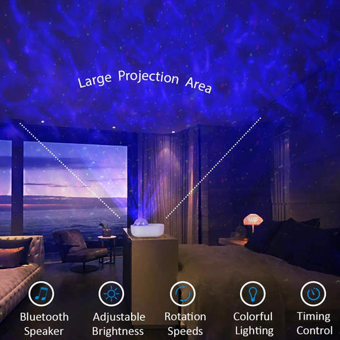 3 In 1 Starry Night Projector With Ocean Wave Nebula Effects Bluetooth Music Speaker lighting up a cozy bedroom with starry ceiling.