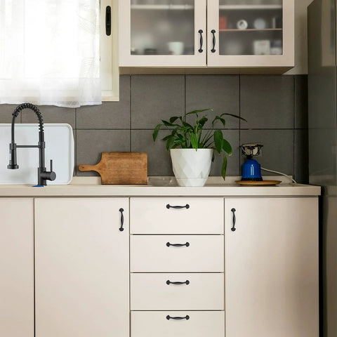 Kitchen featuring 30 Pack Solid 3 Inch Rounded Foot Arch Kitchen Cabinet Handles Matte Black Finish Curved Drawer Pulls installed on cabinets.