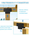 Three Way T Bracket Pergola Kit For 4x4 Wood Beams, Heavy Duty Steel Extension Brackets, U-channel design, outdoor beam installation