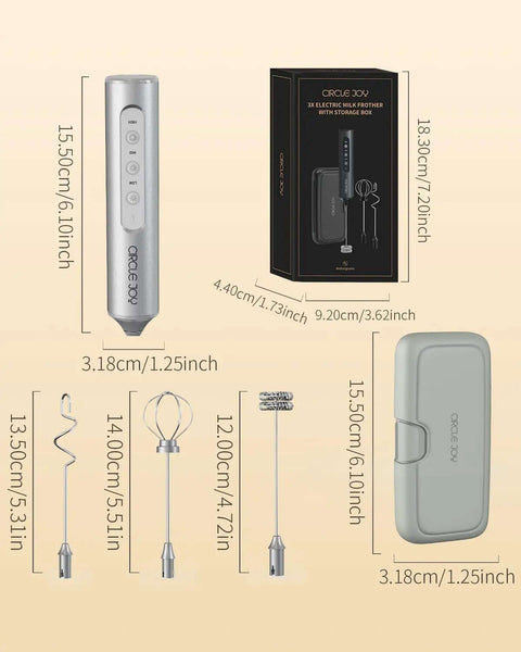 Top Drawer Rechargeable Handheld Milk Frother Wand With Three Adjustable Speed Levels And Solid Stainless Whisks For Silky Latte Foam and Quicker Batter Mixing Comes With Nifty Storage Case In Sleek Silver, showcasing dimensions and accessories.