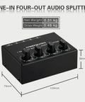 1 In 4 Out Stereo Audio Distribution Amplifier With Independent Output Volume Control And RCA Interface, dimensions labeled