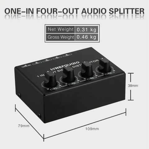 1 In 4 Out Stereo Audio Distribution Amplifier With Independent Output Volume Control And RCA Interface, dimensions labeled