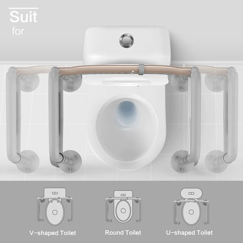 Top view of stand alone toilet safety rail with adjustable width and height fits any toilet, silver grey folding handrails shown over a toilet.