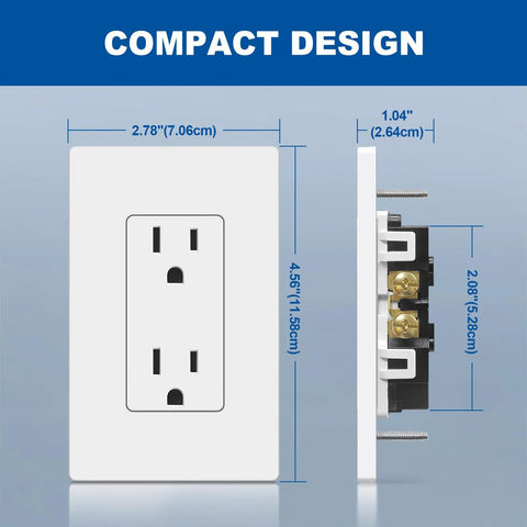 15 Amp Decorator Receptacle Outlet 20 Pack With Screwless Wall Plate Non Tamper Resistant 125V UL Listed dimensions