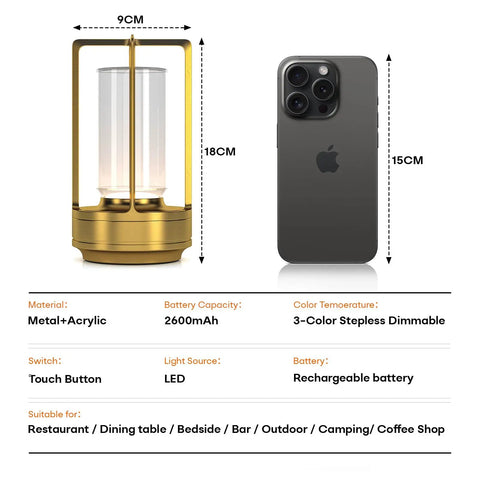 Portable Metal Table Lamp Cordless Rechargeable LED Light With 3 Color Infinitely Dimming Battery Powered Small Desk Lamp with phone for size comparison