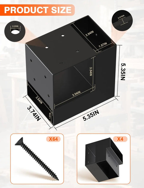 Tough As Nails 4 Pack 3-Way Corner Brackets for DIY Workbenches and Wood Projects, Supports 4x4 and 2x4 Lumber, Carbon Steel Construction with 64 Screws, Ideal for Garage Shelves and Custom Work Tables, displaying bracket dimensions.