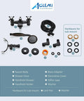 Oil Rubbed Bronze Clawfoot Tub Filler With Wall Mount parts layout including handheld shower, brass adapter, and washers.