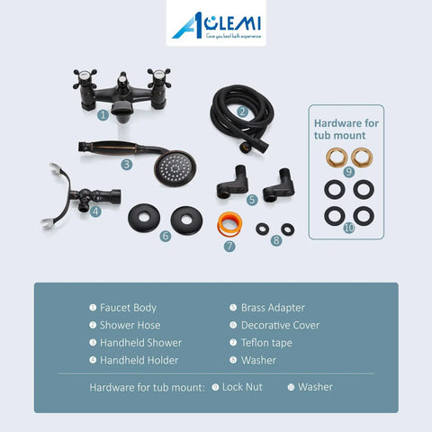 Oil Rubbed Bronze Clawfoot Tub Filler With Wall Mount parts layout including handheld shower, brass adapter, and washers.
