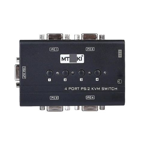 4 Port Vga Kvm Switch With Legacy Computer Keyboard And Mouse Console Cables For Seamless Manual Desktop Rotation High Res Video Output To Plug Into Any Rig And Swap Screens Like A Pro black box with four PC ports and switches
