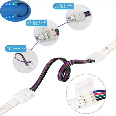 53-Piece LED Strip Connector Kit For 8mm 3528 2835 RGB Rope Lights, showing gapless connection steps and multicolor wires
