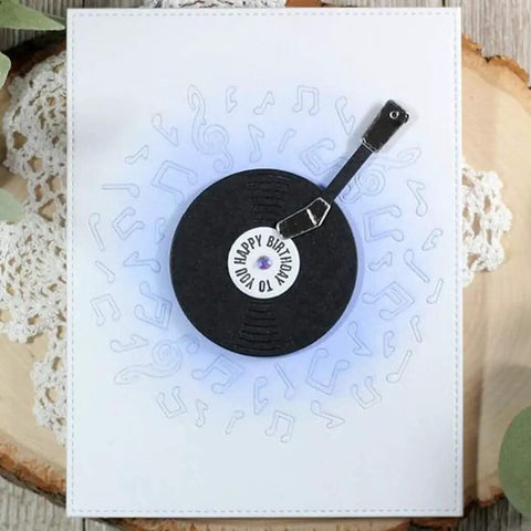 Music CD Style Clear Stamp And Die Set for Card Making and Scrapbooking, featuring a record player design on a greeting card.